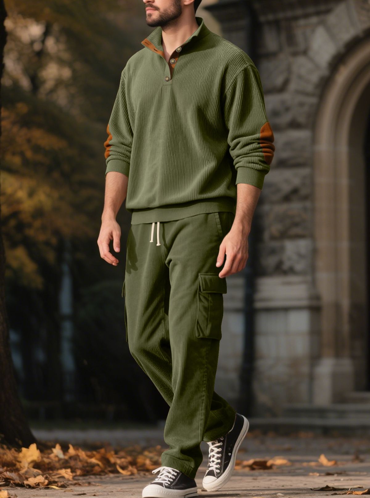 Men's Clothing Utumn And Winter Corduroy Sweatshirt Sweatpants American Style Henry Stand Collar Access Control Pullover Overalls Suit Men_viptrois.com