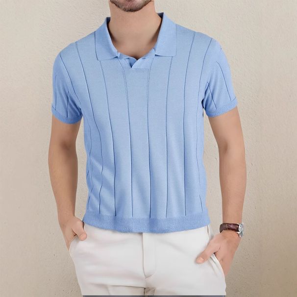 Men's Short-Sleeve Knit Polo (100% Viscose, Relaxed Fit, Seagull Collar, Ribbed Hem, Breathable & Wrinkle-Resistant, Minimalist Casual Wear)_viptrois.com