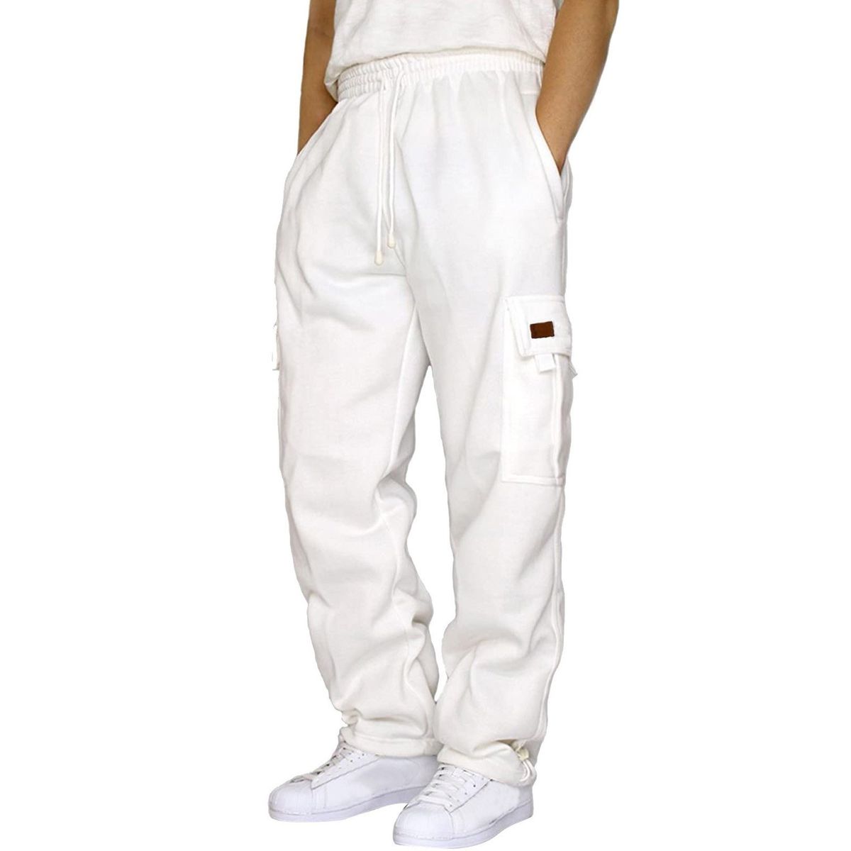 Men's Clothing Sweatpants Sports Casual Plus Velvet Trousers Multi Pocket Drawstring Workwear Sweatpants Leather Standard Trousers_viptrois.com