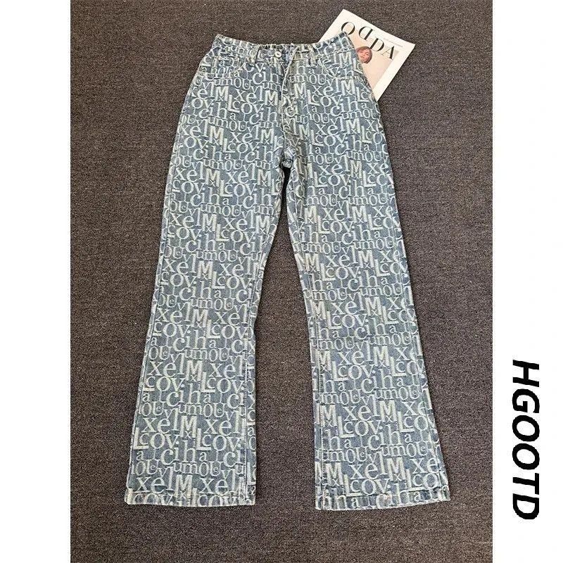 Letter Jacquard Curved Blade Jeans Men's Summer Trendy Brand Vibe Pants American High Street Straight Leg Slightly Flared Trousers_viptrois.com