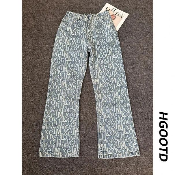 Letter Jacquard Curved Blade Jeans Men's Summer Trendy Brand Vibe Pants American High Street Straight Leg Slightly Flared Trousers_viptrois.com