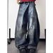 Men's Clothing Old Rubbed Color Jeans Design Reverse Waist Wide Leg Pants_viptrois.com