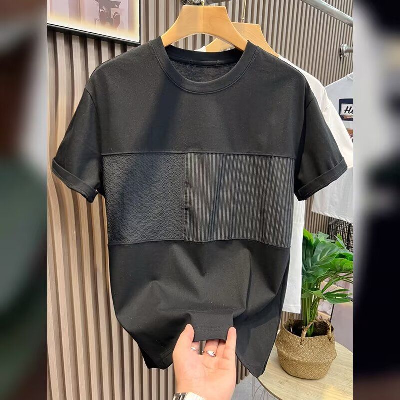 Summer New Men's Short Sleeve T-Shirt round Neck Patchwork Solid Color High-End Stylish Retro Trendy Top for Men_viptrois.com