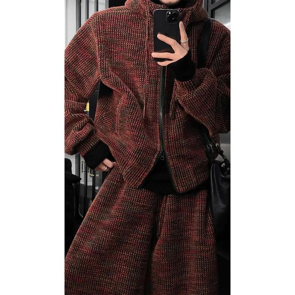 Autumn Winter New Men's American Retro Design Knitted Versatile Hooded Sweatshirt Loose Wide-Leg Pants Set_viptrois.com