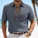 Men's Linen Short Sleeve Shirt - Large Size V Neck With Lapel & Tie Detail, Casual Fashion Top For Summer_viptrois.com