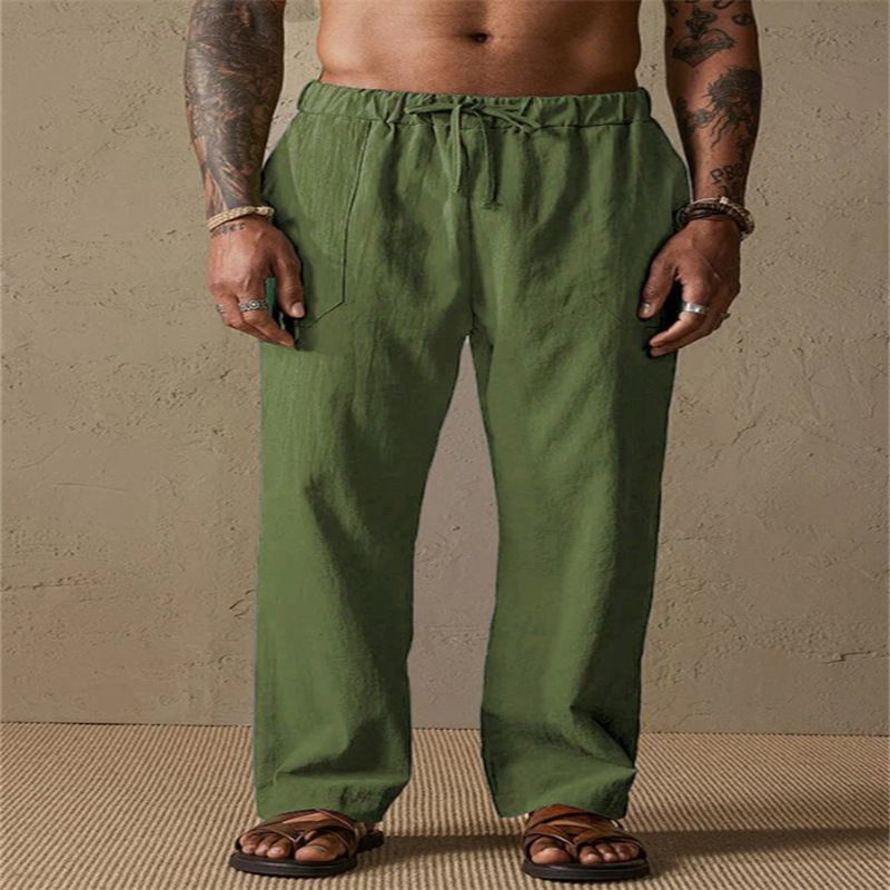 Men's Clothing Men's Cotton And Linen Solid Color Drawstring Patch Pocket Loose Casual Breathable Straight Trousers_viptrois.com