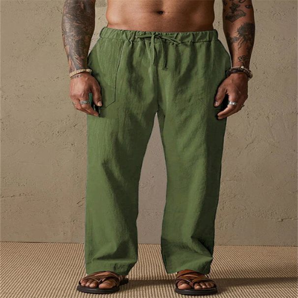 Men's Clothing Men's Cotton And Linen Solid Color Drawstring Patch Pocket Loose Casual Breathable Straight Trousers_viptrois.com