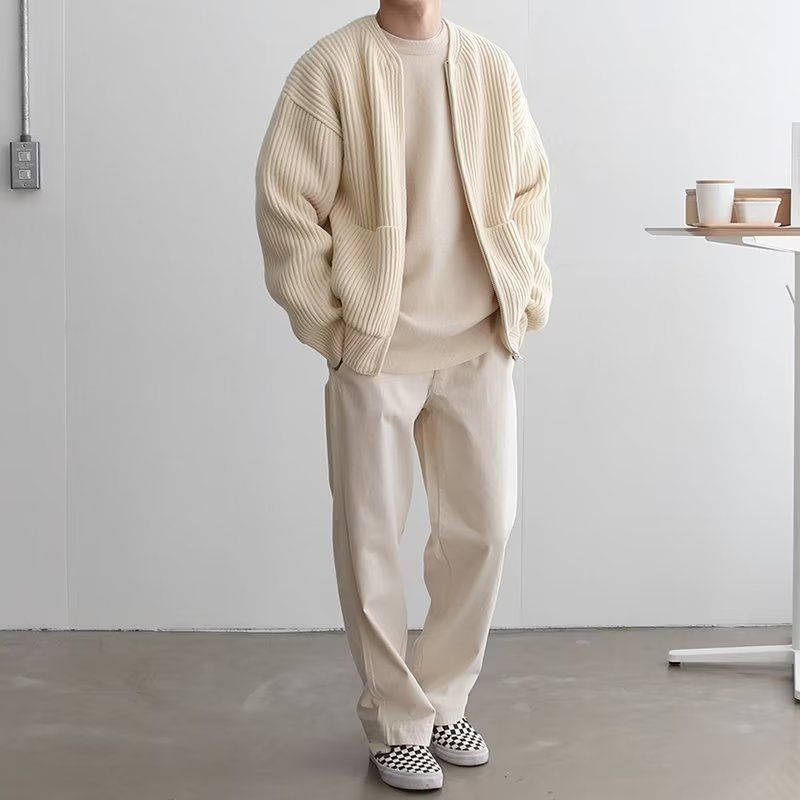 Men's Clothing Knitted Cardigan Jacket Trendy Solid Color Round Neck Sweater Loose Casual Style_viptrois.com