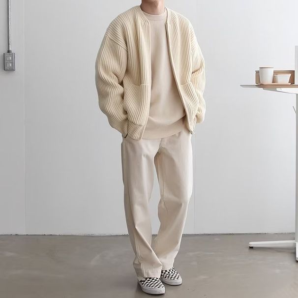 Men's Clothing Knitted Cardigan Jacket Trendy Solid Color Round Neck Sweater Loose Casual Style_viptrois.com