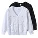 "Soft V-Neck Knit Cardigan For Girls - Breathable Long Sleeve Open Front Sweater With Balloon Details, Perfect For Spring & Summer"_viptrois.com