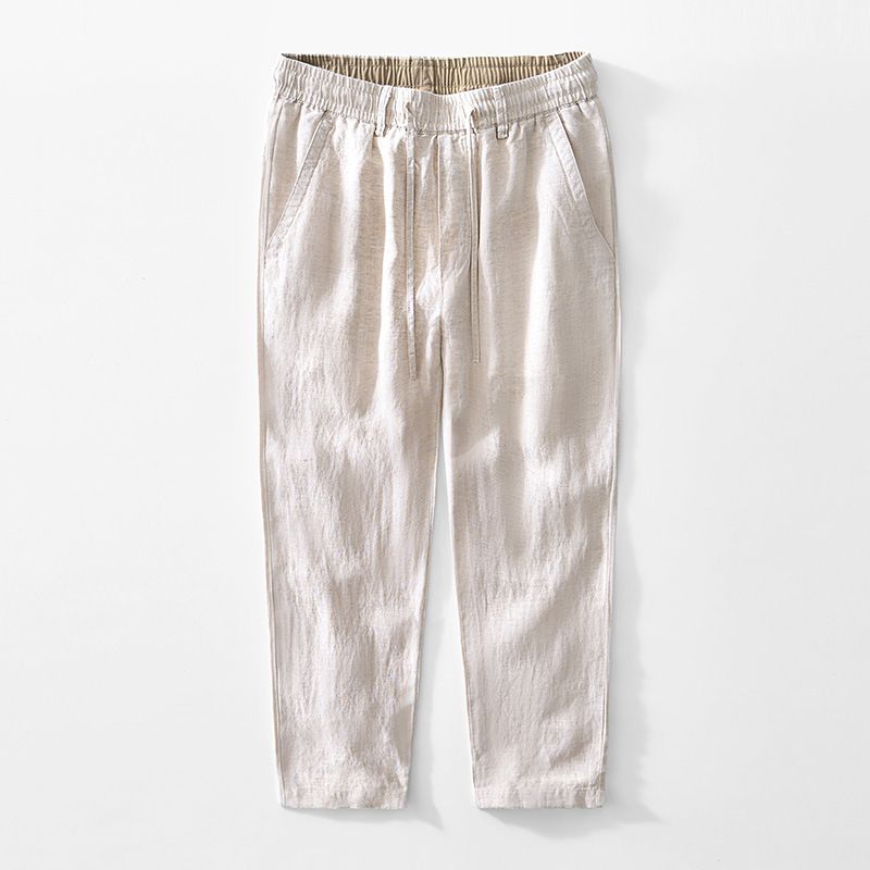 Men's Clothing Elastic Waist Linen Pants Straight Loose Trousers Linen Tencel Blended Breathable Pants_viptrois.com