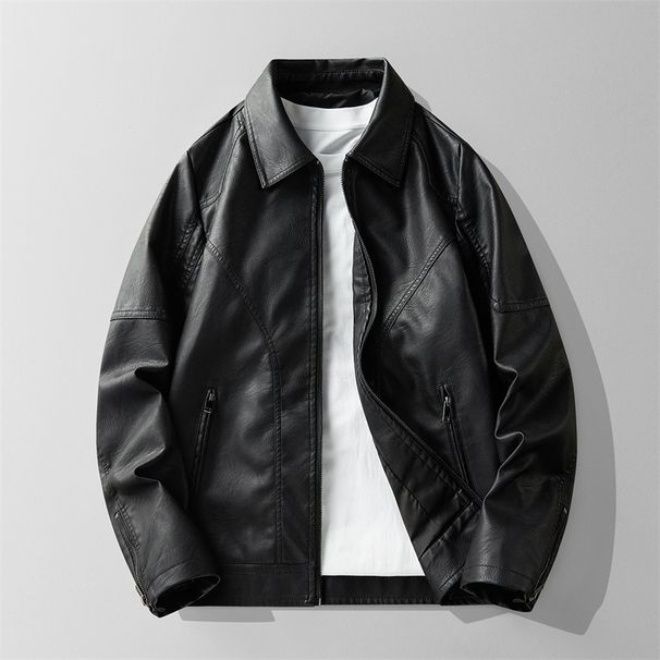 Men's Leather Jacket Spring And Autumn Stream Casual Lapel Top Short Slim Fit Motorcycle Leather Jacket_viptrois.com