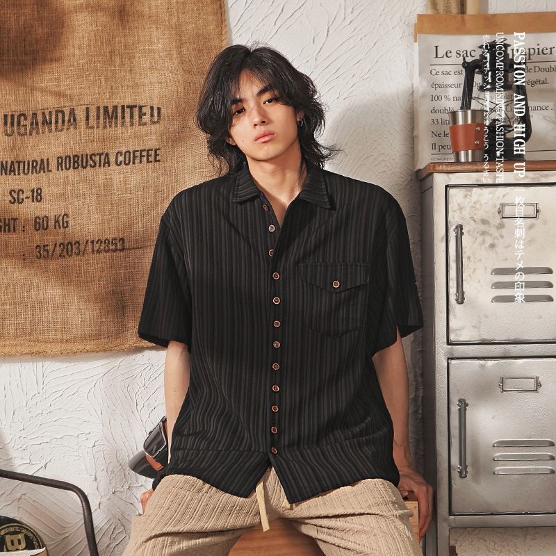 Men's Japanese Retro Style Draped Short Sleeved Shirt Trendy Casual Loose Fit Half Sleeve Thin Top For Summer_viptrois.com