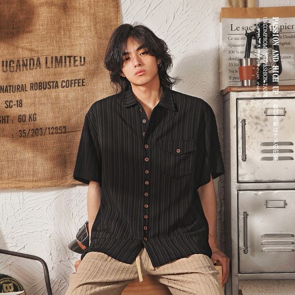 Men's Japanese Retro Style Draped Short Sleeved Shirt Trendy Casual Loose Fit Half Sleeve Thin Top For Summer_viptrois.com