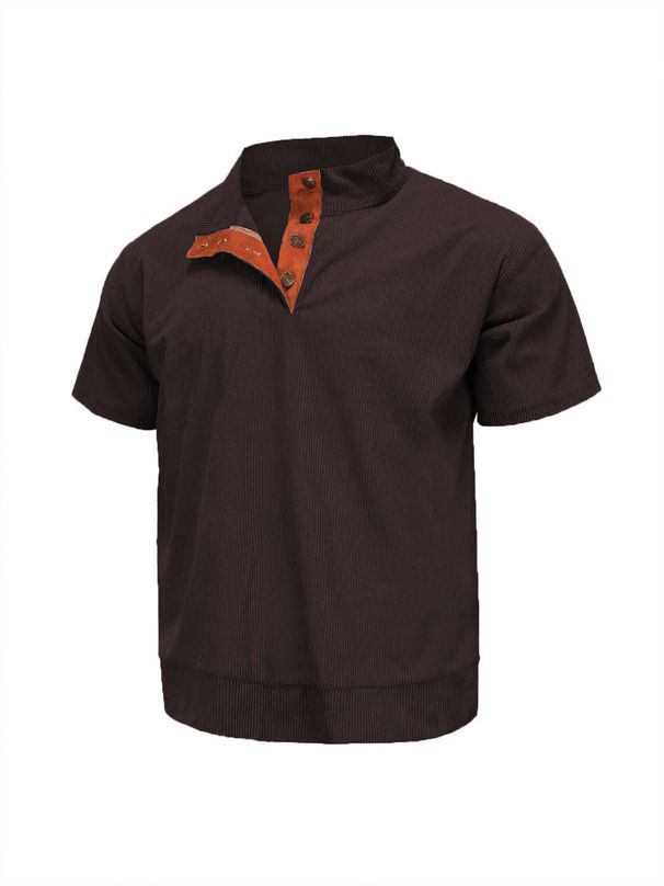 Men's Corduroy Henley Shirt - Short Sleeve Casual T-Shirt With Button Placket (S-5XL, Breathable Polyester, Relaxed Fit)_viptrois.com