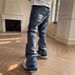 Velvet Patchwork Burnout Flared Jeans Distressed Bleached Denim Pants Metal Accents Unisex Vintage Wash Zip Fly 68% Cotton No Stretch_viptrois.com
