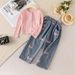 Kids Clothing Girls Suit Autumn New Girls Long Sleeved Round Neck Waist Top Jeans Two Piece Suit_viptrois.com