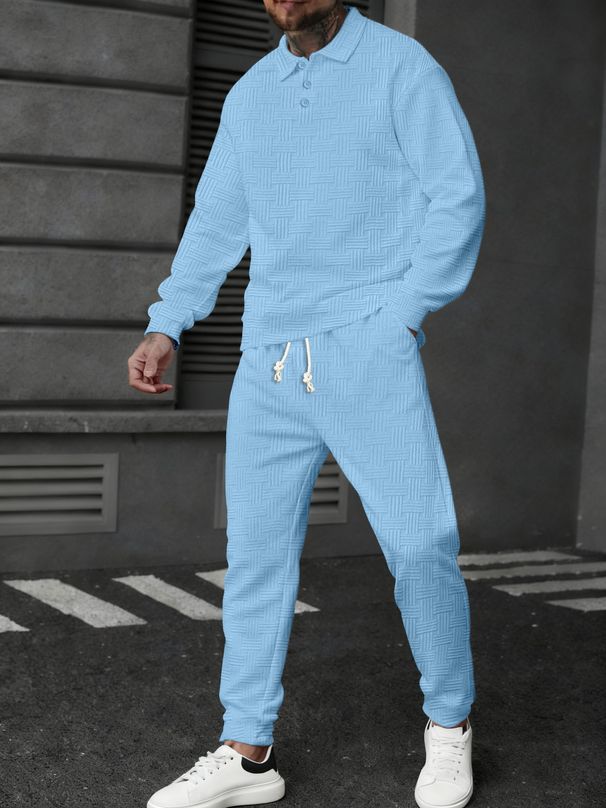 Men’s Textured Polo & Long Pants Set – Breathable Polyester Casual Sportswear (S-XXXL, White/Grey/Black/Army Green/Sky Blue/Khaki)_viptrois.com
