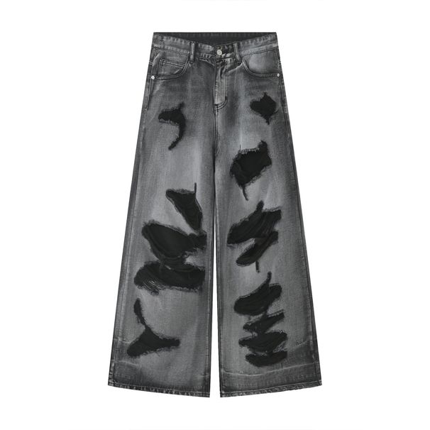 Men's Clothing | 25 Summer New High Street Hip Hop Ripped Beggar's Wear Wide Mopping Denim Pants_viptrois.com