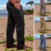 Men's Clothing Men's Cotton And Linen Outdoor Daily Solid Color Drawstring Multi Pocket Loose Straight Trousers_viptrois.com