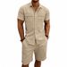 Men's Linen Short Sleeve Shirt And Pants Set, Casual Breathable Two-Piece Outfit For Summer, Relaxed Fit Linen Lounge Set_viptrois.com