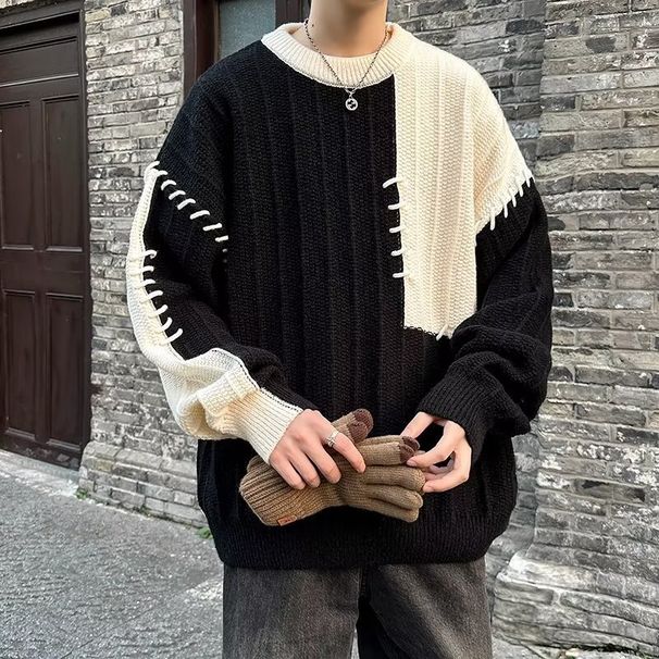 Splicing Color Blocking Sweater Autumn And Winter Loose Casual Niche Pullover Knitted Sweater_viptrois.com