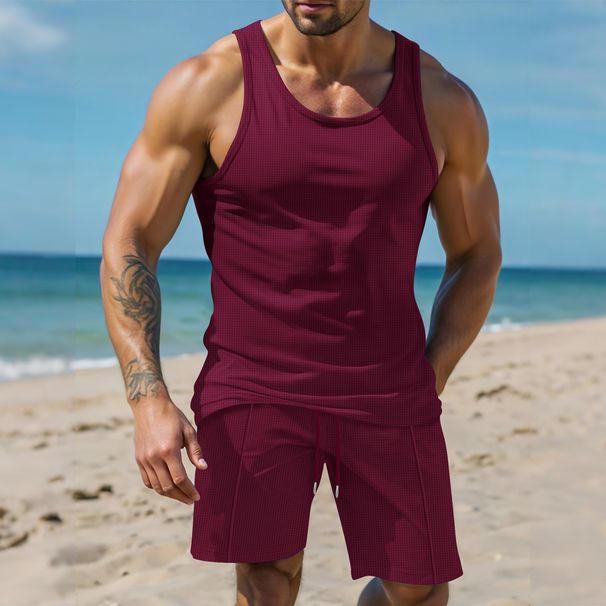 Men's Clothing Waffle Texture Short Sleeve Vest Shorts Set Breathable Running, Casual Wear (Black, Wine Red, Dark Green, Khaki, Gray, White)_viptrois.com