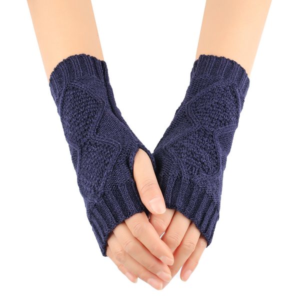 Unisex Knitted half-finger gloves women's short fingerless cuff pair warm double diamond check gloves_viptrois.com