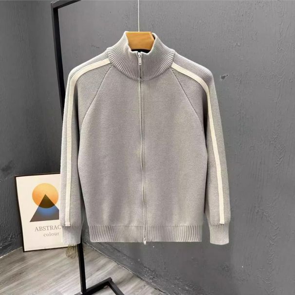 Autumn And Winter Side Striped Zipper Cardigan Sweater Men's Stand Up Collar Knitted Sweater Jacket_viptrois.com