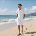 Summer Men's Solid Color Casual Shirt Breathable Lapel Button Short Sleeved Beach Set_viptrois.com