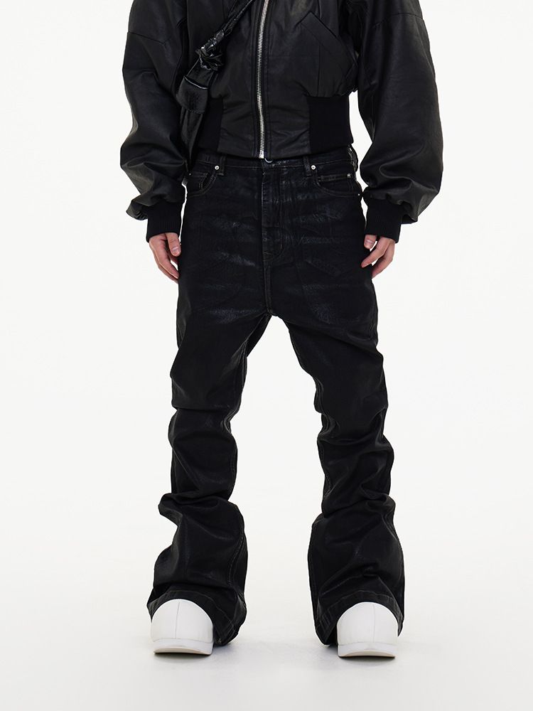 Men'S Clothing Dark Wax Coating Ribbon Slightly Elastic Wide Leg Flared Mopping Piled Denim Trousers _viptrois.com