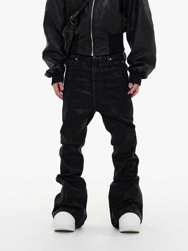 Men'S Clothing Dark Wax Coating Ribbon Slightly Elastic Wide Leg Flared Mopping Piled Denim Trousers _viptrois.com