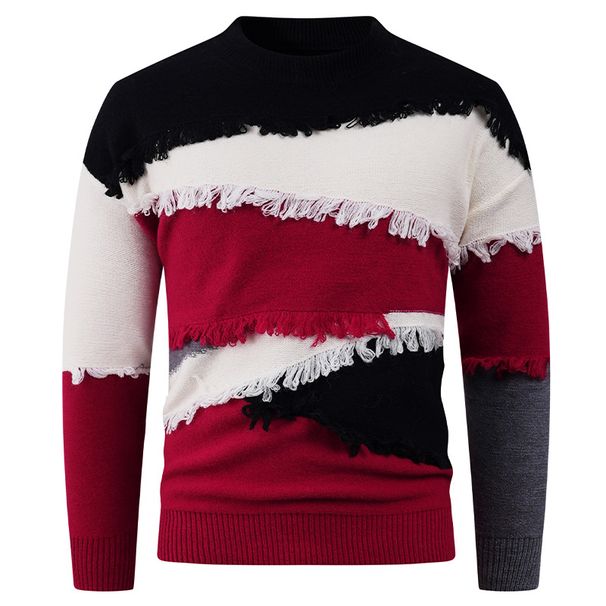 Men's Casual Color-Block Knit Sweater - Soft & Breathable Pullover For Everyday Wear (M-3XL, Grey/Red/Green)_viptrois.com