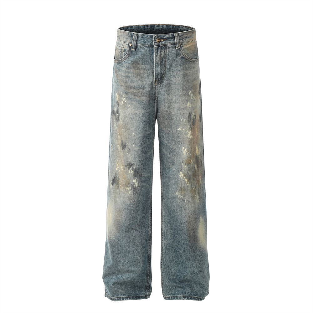 Men's Clothing Painted And Ink Splashed Old Jeans Straight Pants Loose And Dirty Wide Leg Long Pants_viptrois.com