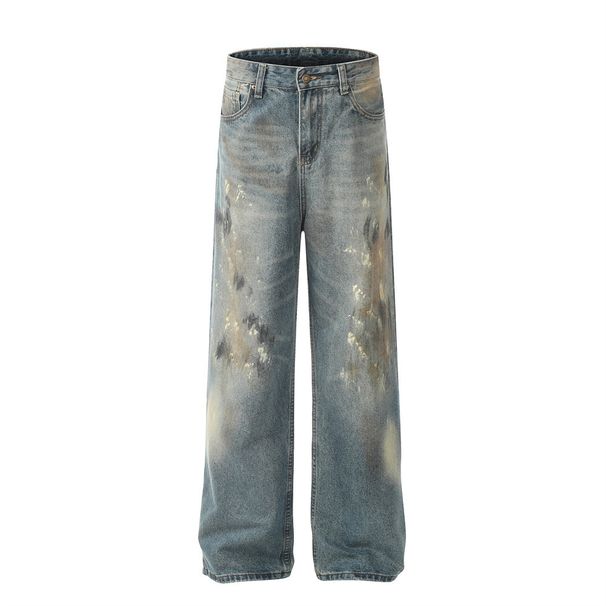 Men's Clothing Painted And Ink Splashed Old Jeans Straight Pants Loose And Dirty Wide Leg Long Pants_viptrois.com