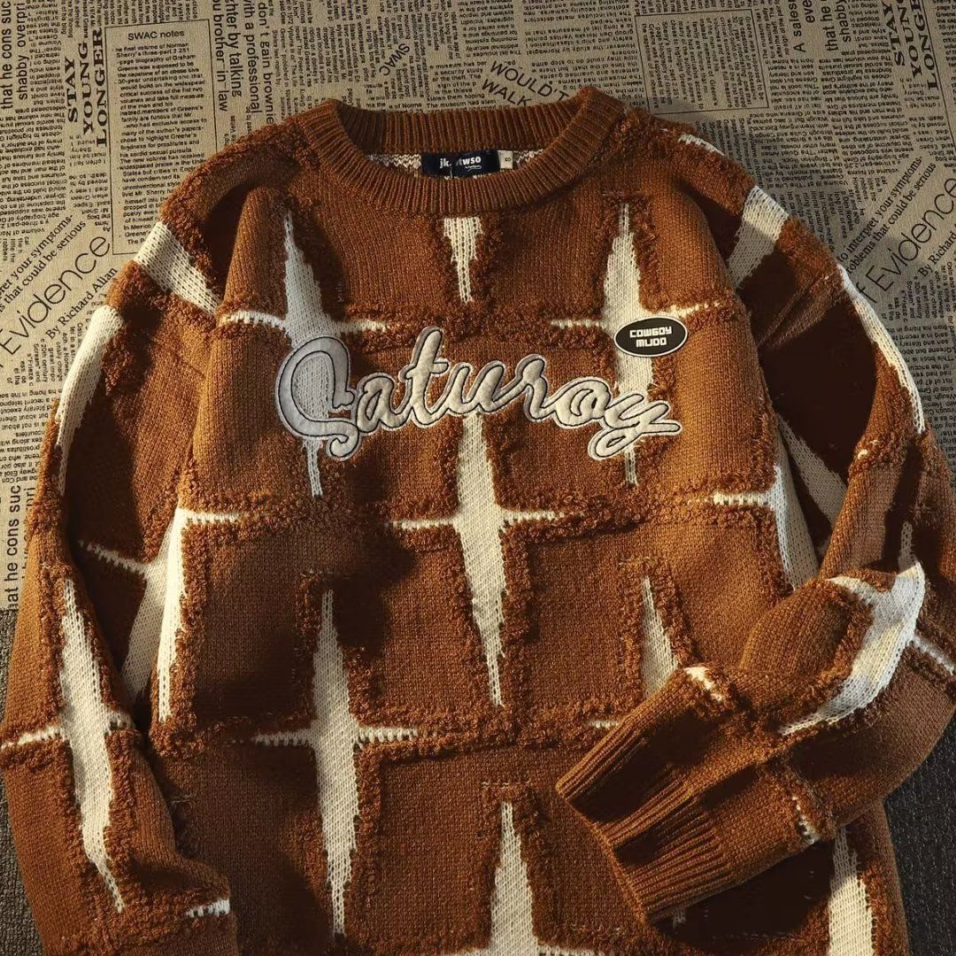 Men's Clothing Retro Star Sweater Men's Spring And Autumn Loose Outer Wear Lazy Style Oversize Couple Style Knitted Sweater Top_viptrois.com