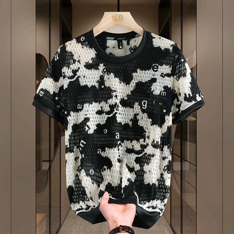 2024 New Summer Short Sleeved Round Neck T-shirt Trend Korean Version Fashionable Slim Fit Ice Silk Top Men's Clothing_viptrois.com