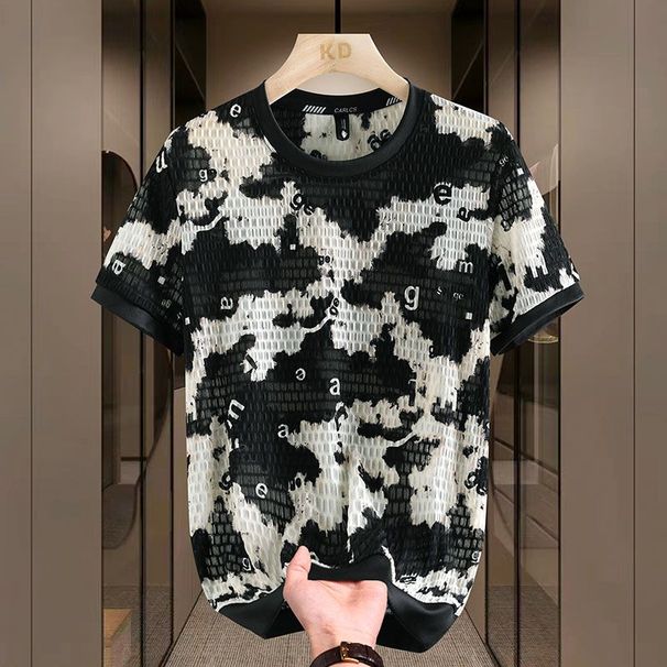 2024 New Summer Short Sleeved Round Neck T-shirt Trend Korean Version Fashionable Slim Fit Ice Silk Top Men's Clothing_viptrois.com