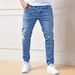 Women's Clothing Men's New Simple Hole Commuter Denim Trousers Slim Fit Slim Feet Trendy Handsome Jeans_viptrois.com
