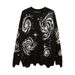 Y2K Retro Knit Sweater With Swirl Print & Distressed Details - Unisex Oversized Pullover For Men & Women_viptrois.com