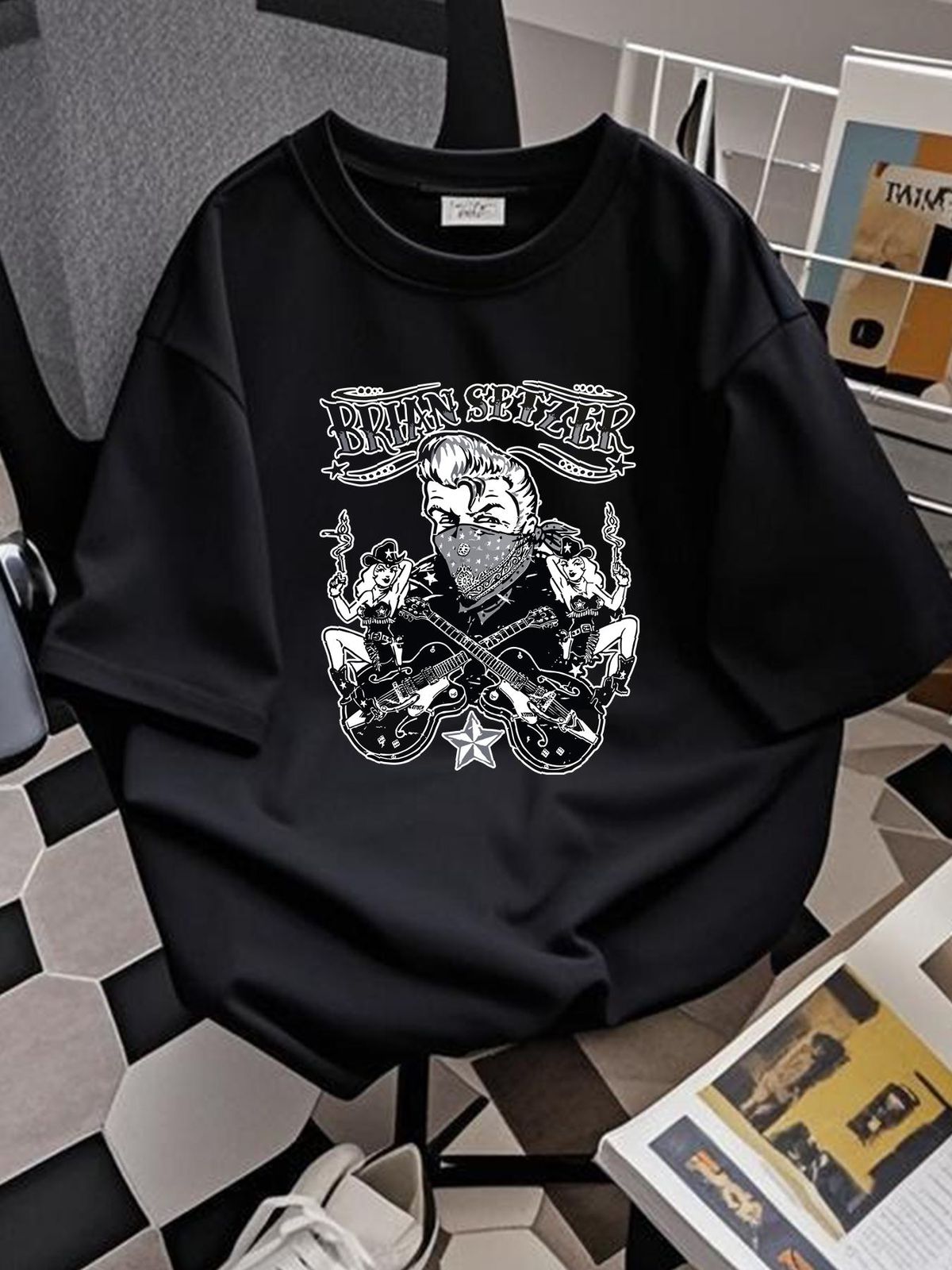 Brian Setzer T Shirt Stray Cats Rock Mens Medium Concert Stylish Top For Everyday Wear Stretched Unisex Soft Summer Graphic Versatile Casual_viptrois.com
