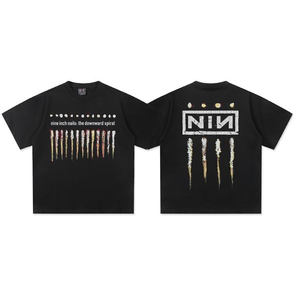 2025 Cross Border Summer Nine Inch Nails Band American Retro 300g Cotton Heavyweight Men's T Shirt Printed Short Sleeved Men_viptrois.com