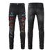 Men's Clothing jeans high street fashion brand black ripped patch red diamond stretch retro pants _viptrois.com