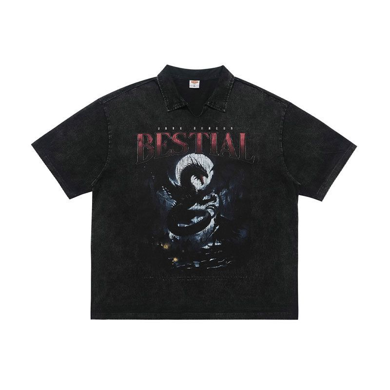 American-style Dragon Print Distressed POLO Collar Short-sleeve Men's Summer Trendy Loose T-shirt_viptrois.com