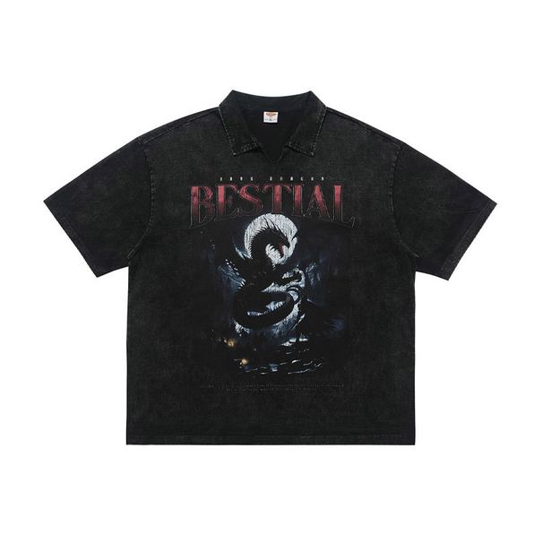 American-style Dragon Print Distressed POLO Collar Short-sleeve Men's Summer Trendy Loose T-shirt_viptrois.com