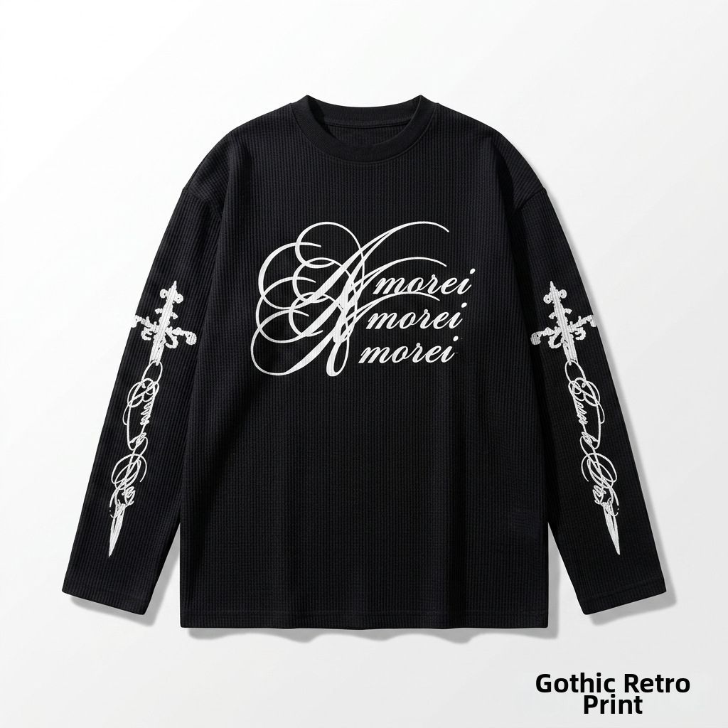 Y2k Gothic Punk Letter Print Waffle Knit Long Sleeve T-Shirt, Men's Streetwear Dark Aesthetic Tops Versatile Dark Aesthetic_viptrois.com