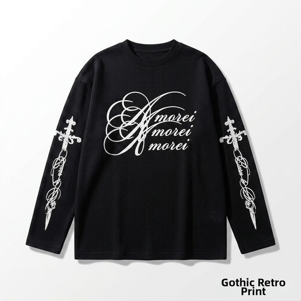 Y2k Gothic Punk Letter Print Waffle Knit Long Sleeve T-Shirt, Men's Streetwear Dark Aesthetic Tops Versatile Dark Aesthetic_viptrois.com