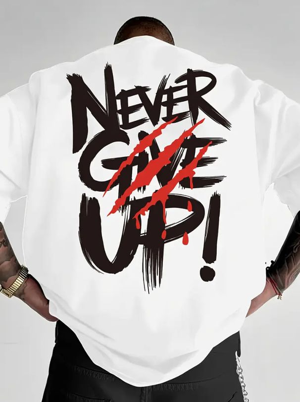 Men's Clothing Slogan Print NEVER GIVE UP Letter T Shirt Men's Crew Neck Short Sleeve T Shirt Perfect Summer Casual Wear_viptrois.com