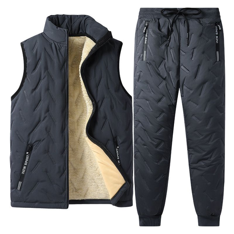 Men's Winter Fleece Lined Jacket Set With Stand Collar, 3-Piece Thickened Thermal Coat Outfit For Casual Wear (Black/Gray)_viptrois.com
