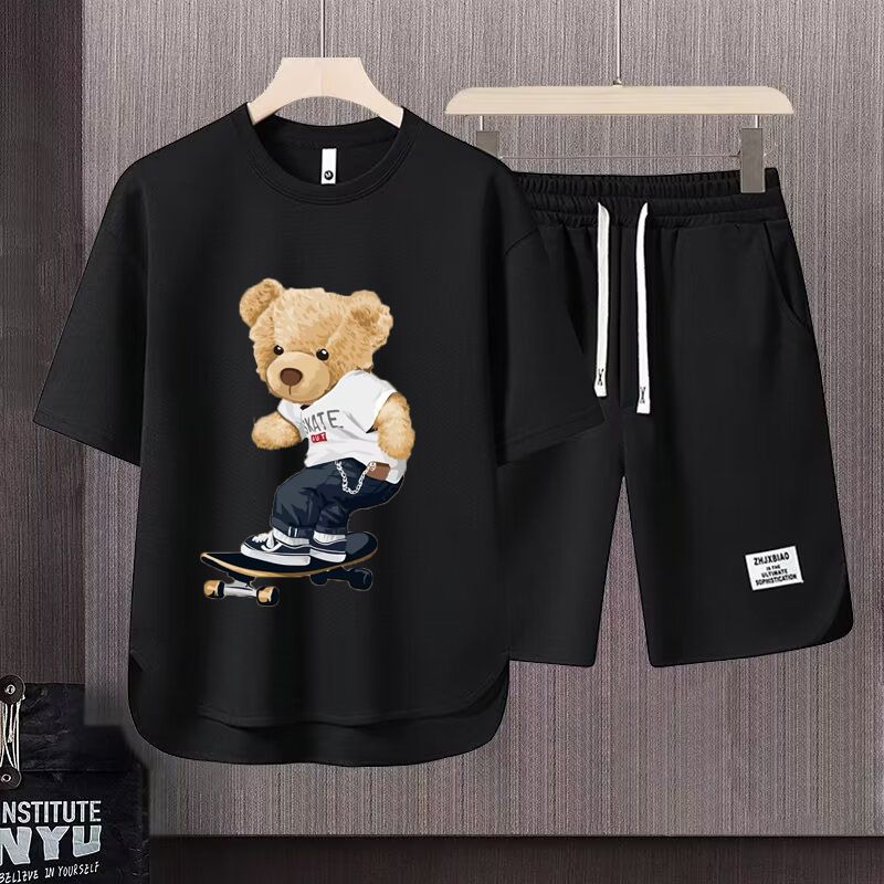 Men's Clothing 2024 Waffle Casual Summer Suit Men's Loose Teen Short sleeved T shirt Shorts Handsome Two piece Suit_viptrois.com